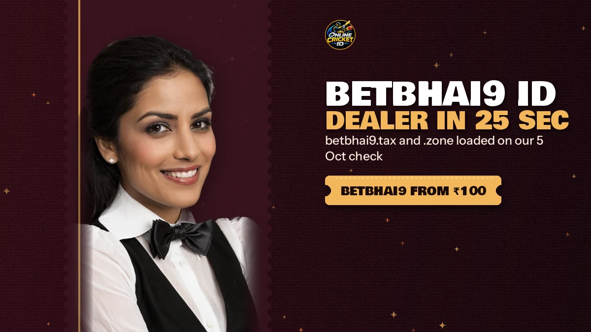 Cricket batsman beside a Betbhai9 betting slip showing a ₹100 stake