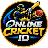 Online Cricket ID round badge with batsman and crown