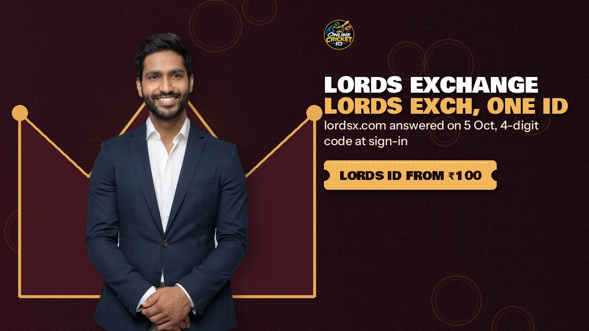 Lords Exchange sign-in screen beside a cricket player holding a phone at dusk