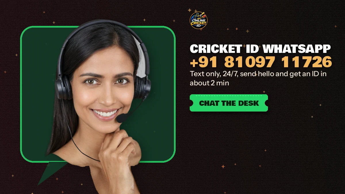 Phone showing a WhatsApp chat with the Online Cricket ID desk number saved at the top